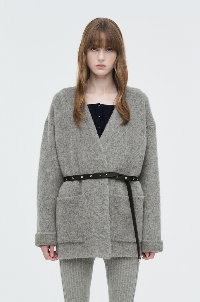 alpaca blend belted collarless jacket