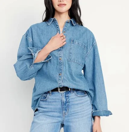 Old Navy Women's Oversized Boyfriend Button-Down Jean Shirt