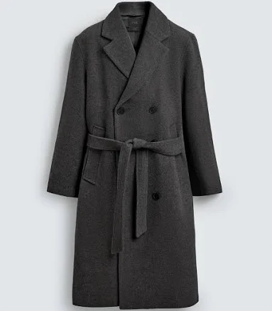 Zara Men's Double-Breasted Wool Blend Coat with Belt