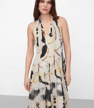 Scarf-Collar printed Long Dress