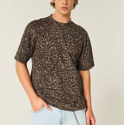 Hollister Men's Boxy Heavyweight Leopard Print Cotton T-Shirt