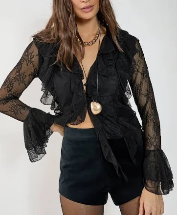 Nasty Gal Women's Lace Ruffle Sheer Blouse