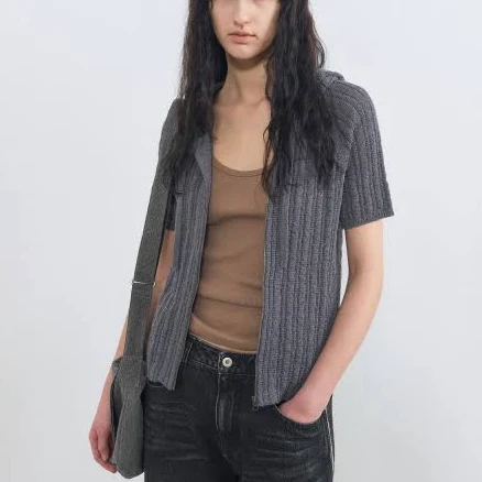 INSILENCE Women's Half Sleeve Hooded Zip-Up Knit