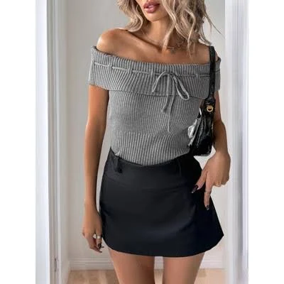 Women's Off Shoulder Ribbed Knit Top with Bow Tie