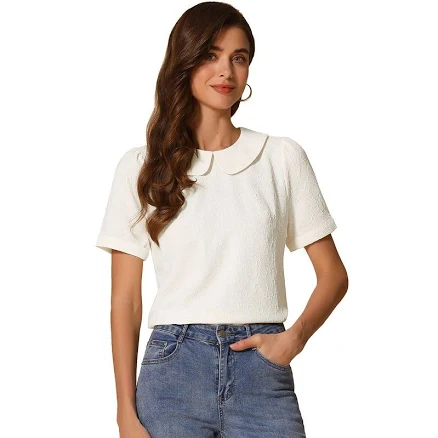 Peter Pan Collar Blouse for Women's Floral Short Sleeve Kawaii Top, Size: Large, Apricot