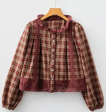 Plaid Buttoned Long Sleeve Shirt with Lace Trim