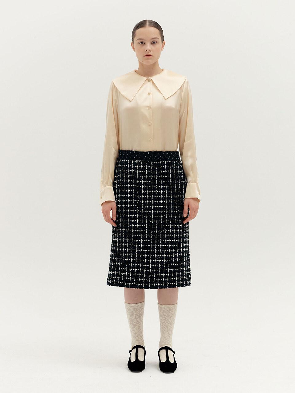 Check Tweed Midi Skirt_Black
