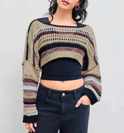 Cider Women's U-Neckline Stripe Hollow Out Knitted Long Sleeve Crop Shrug For School Daily Casual