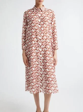Max Mara Monogram Print Long Sleeve Cotton & Silk Voile Shirtdress