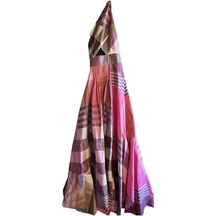 Hermès Multicolour Plaid Cotton One-Shoulder Maxi Dress Size 34 FR