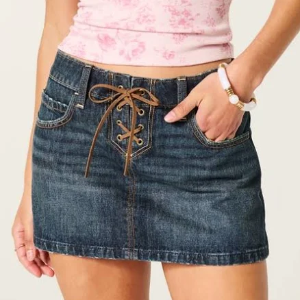 Hollister Women's Low-Rise Lace-Up Denim Mini Skort