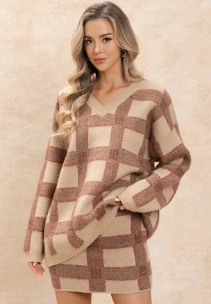 Oversized Check Jacquard Sweater and Mini Skirt Set