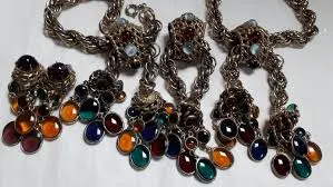 ELSA SCHIAPARELLI parure, RARE, gold chain, multi-coloured cabochons, signed all 4 pieces