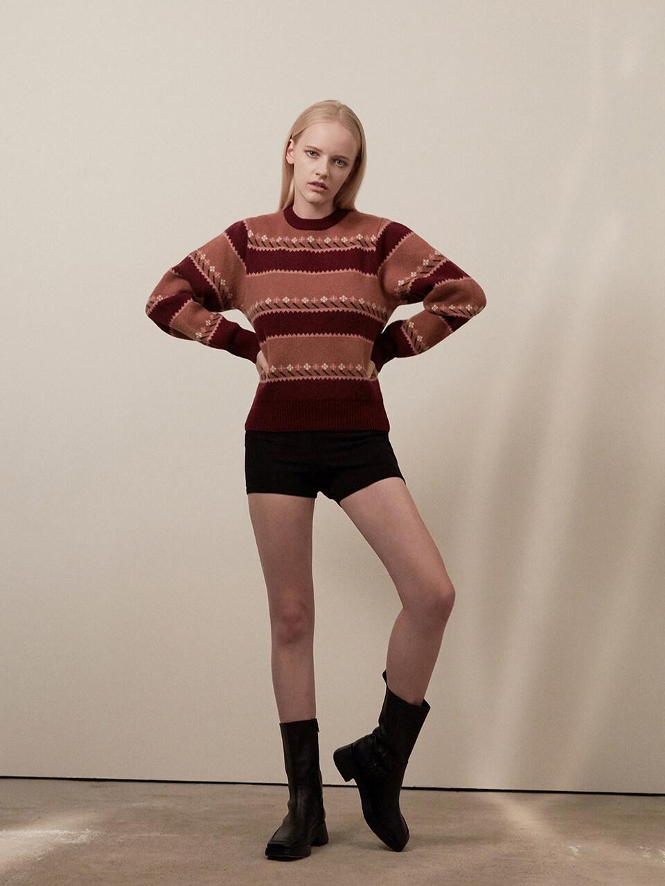 Flower jacquard pullover knit 003 Burgundy