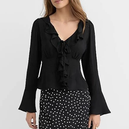 Loft Women's Petite Jacquard Ruffle Tie Neck Blouse