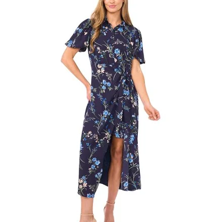 CeCe Women's Floral Print Puff Sleeve Midi Shirt Dress