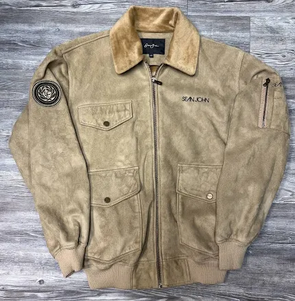 Vintage Y2k Sean John Faux Tan Leather Suede Fur Collar Bomber Jacket
