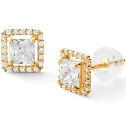 14K Gold CZ Princess-Cut Halo Studs