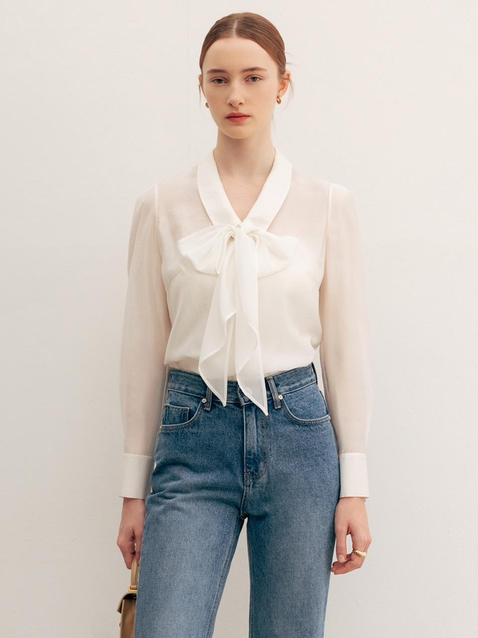 LAUREL Chiffon Tie Layered Blouse (Light Beige/Black/Soft pink)