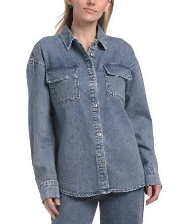 Ava Med Wash Women's Long Sleeve Button Front Denim Top