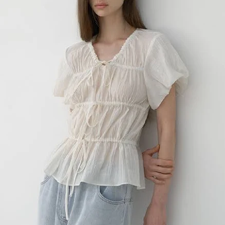 Shirring 3-RIBBON Puff Blouse