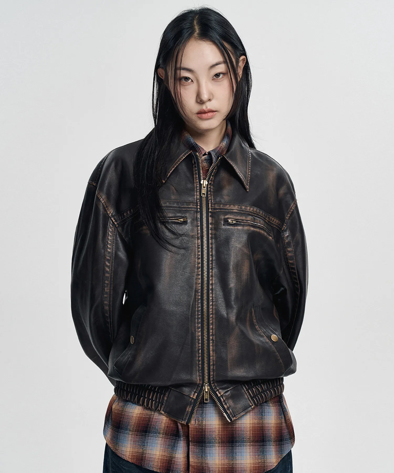 Washed Line Leather Jacket - Brown