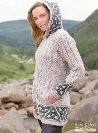Celtic Jacquard Hooded Aran Cardigan | Oatmeal, L