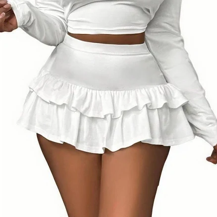 Women's Ruffled Mini Skirt High-Waisted Layered Flounce Skirt, Size: XL, White