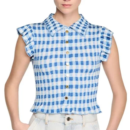 Sandro Women's Gingham-Print Smocked Stretch-Woven Shirt