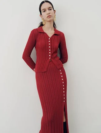 Collared knit top and slit skirt set