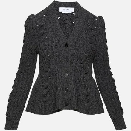 ALEXANDER MCQUEEN | Women's | Peplum Cable Knit Cardigan | DARK GREY SWEATER CARDIGAN | Size L