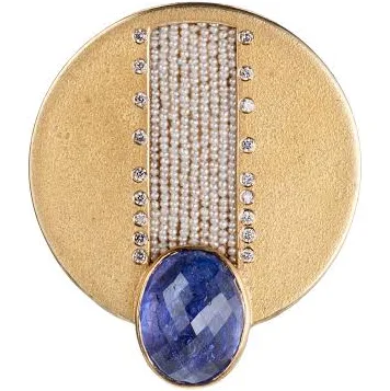 18K/22K/24K Yellow Gold Tanzanite, Pearl, and Diamond Brooch