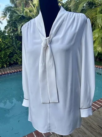 Pucci Blouse Top Lovely Creme Fem Silk W/blk Piping Trim It38 S 4