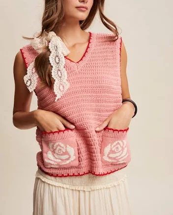 Knit Vest with Rose Pockets