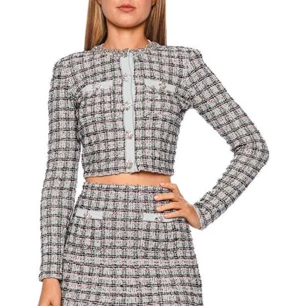 Self Portrait Cropped Check Tweed Cardigan