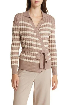 Misook Women's Striped Cable Knit Tie Waist Cardigan