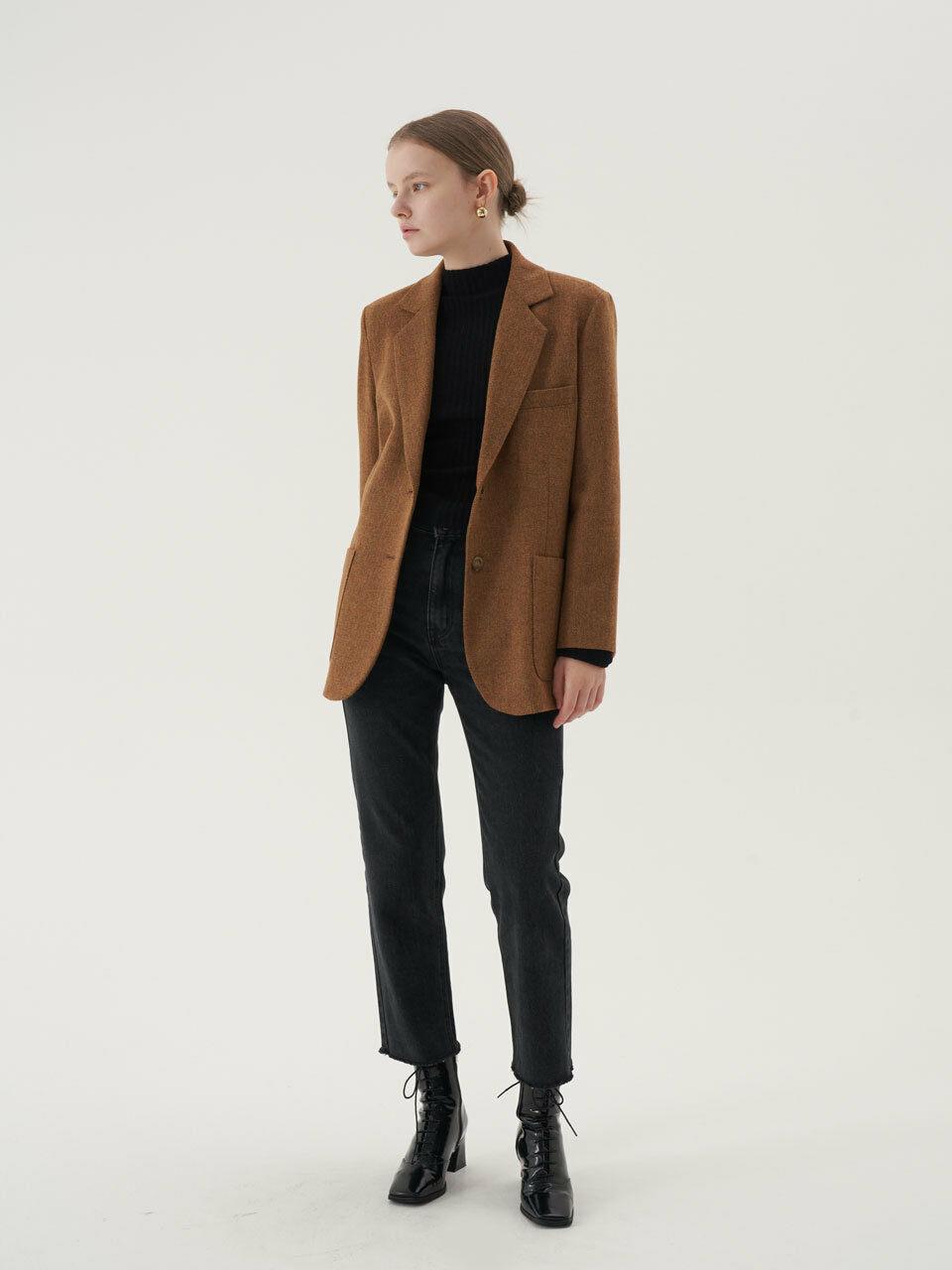 Wool Herringbone Single Breasted Blazer_Brown