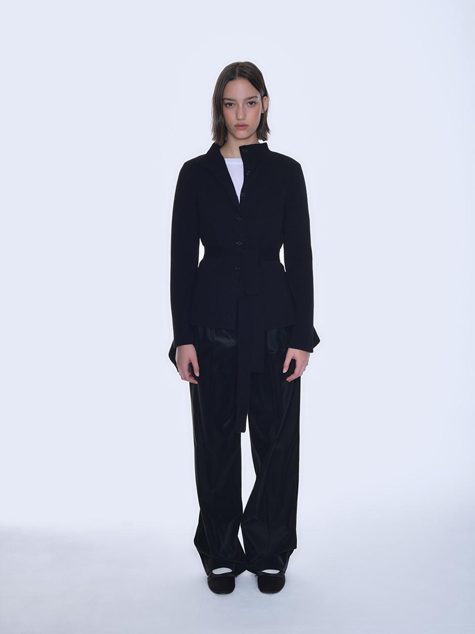 RONEW SIGNATURE PEPLUM BELTED KNIT CARDIGAN (BLACK