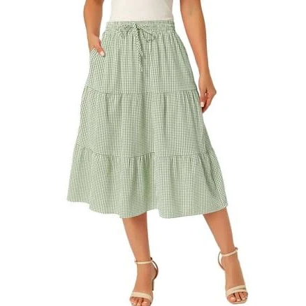 Inspire Chic Women's Gingham Drawstring Waist Midi Skirt