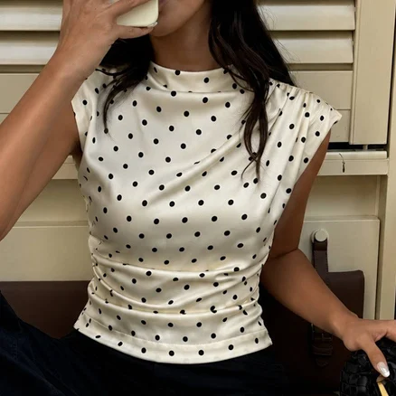 Polka Dot Sleeveless Ruched Blouse