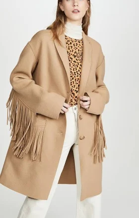 R13 Camel Brown Wool Raw Cut Fringe Button Up Mid Length Oversized