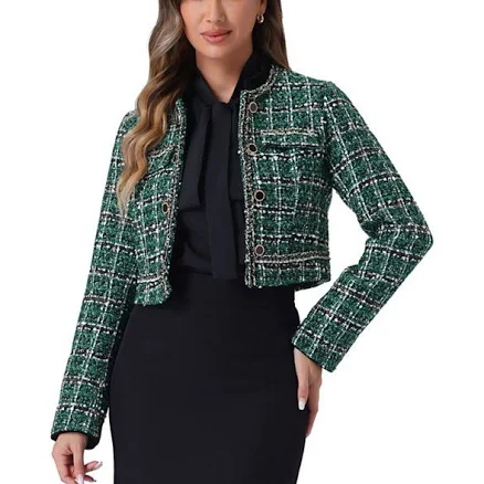 Tweed Cropped Jacket For Women's Stand Collar Double Breasted Office Elegant Plaid Blazer
