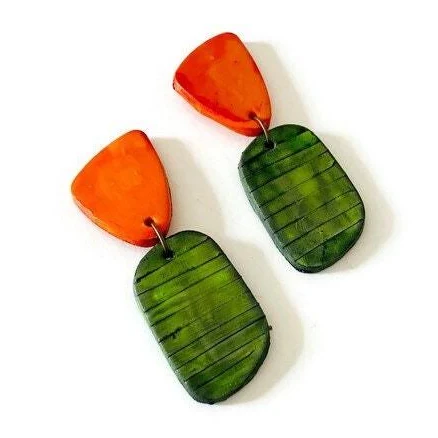 Cute Two Tone Earrings in Olive Green & Orange