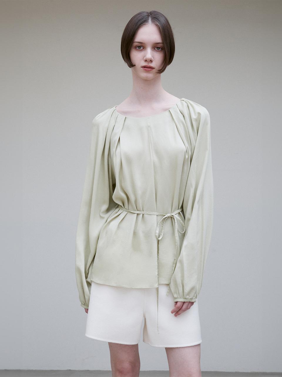 Pleated Detail Belted Blouse Light Green