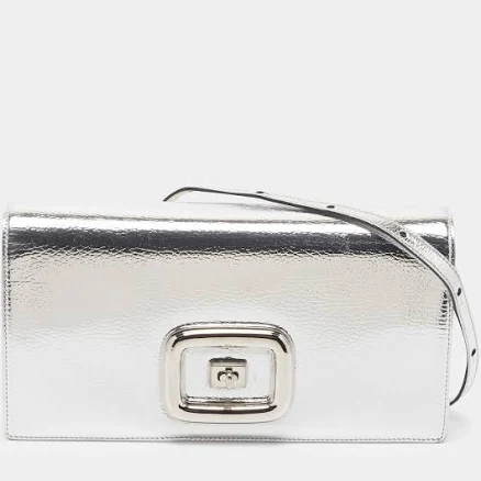 Roger Vivier Viv Choc Flap Silver Foil Leather Shoulder Bag