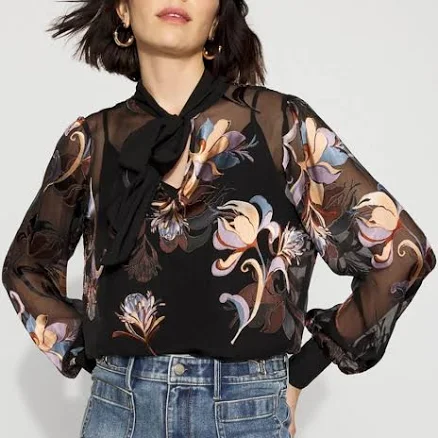 White House Black Market Petite Floral Silk Tie-Neck Blouse