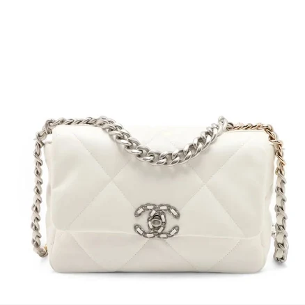 Pre-Loved Chanel White Shiny Lambskin Medium 19 Flap Bag