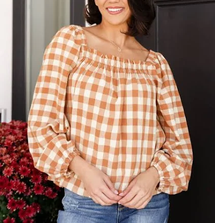 One Fine Afternoon Gingham Plaid Top In Caramel