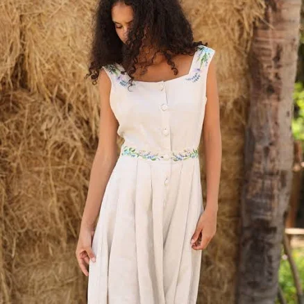 Hand Embroidered Square Neck Linen Dress