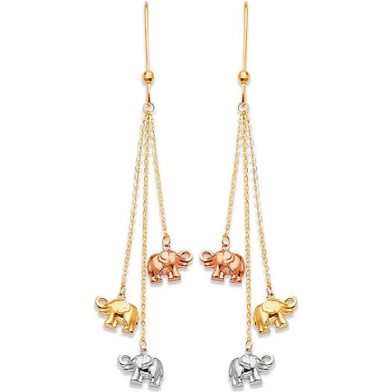 14K Tri-Color Gold Elephant Tassel Earrings